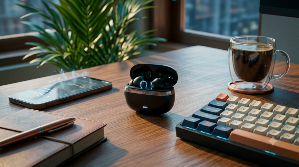 boAt Nirvana Ion wireless earbuds on a premium desk setup